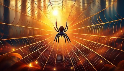 in the middle of a spider web sits a spider surrounded by the golden rays of the sun