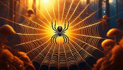 Wall Mural - in the middle of a spider web sits a spider surrounded by the golden rays of the sun