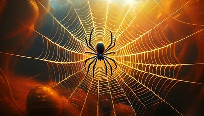 in the middle of a spider web sits a spider surrounded by the golden rays of the sun