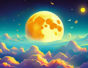 Wall Mural - landscape beautiful cute yellow moon with craters float on sky with cloud colorful my dream