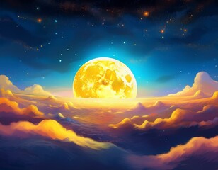 Wall Mural - landscape beautiful cute yellow moon with craters float on sky with cloud colorful my dream