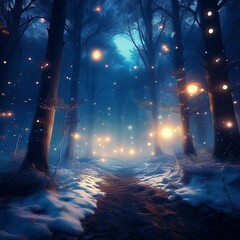 Wall Mural - magical dark fairy tale winter night forest at night with glowing lights and fog and flying particle