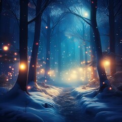 Wall Mural - magical dark fairy tale winter night forest at night with glowing lights and fog and flying particle