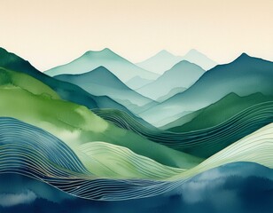 Wall Mural - minimalistic landscape art background with mountains and hills in blue and green colors abstract ban