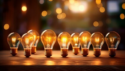 Wall Mural - multiple light bulbs resting on a wooden table generative ai