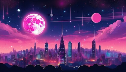 Wall Mural - nighttime cityscape with pink moon and stars
