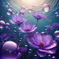 Wall Mural - purple flowers floating on a sea of bubbles