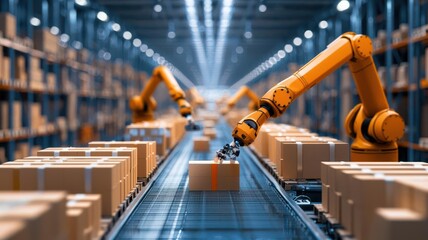 Automated robotic arms moving products in a high-tech warehouse, showcasing modern logistics, warehouse automation, innovation