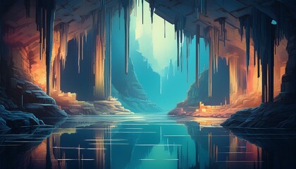 Wall Mural - retro cave scene with blocky stalactites and water reflection