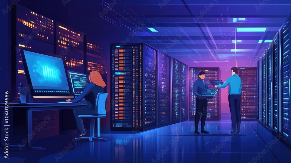 Computer Technology Server Problem Coworkers using AI tech to fix errors in server farm providing storage ...