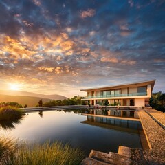 Wall Mural - scenic hotel by small lake at sunset with unique cloud formations above