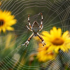 spider on spider web with yellow flowers