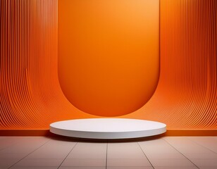 Wall Mural - symmetrical white podium with curved orange wall background