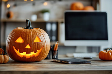 Wall Mural - office decorated in halloween style designed with generative ai