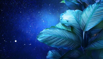 Wall Mural - tropical leaves plant with blue hue against space background