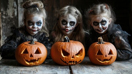 Halloween holiday carved pumpkin with children dressed in costume