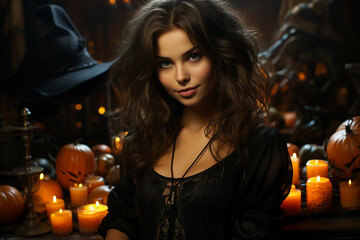 Canvas Print - generative ai picture of beautiful girl dressed in witch costume celebrate happy halloween day