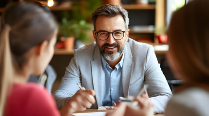 wise male manager discussing career development with two employees in modern office setting, fostering collaborative atmosphere