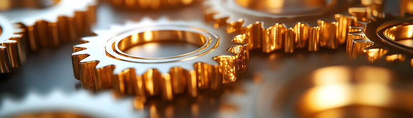 Levitating Golden Gears Symbolizing Efficient Business Processes - High-Quality Image of Interlocking Gears on White Background, Reflecting Teamwork, Mechanics, and Intricate Details in Photo Stock Co