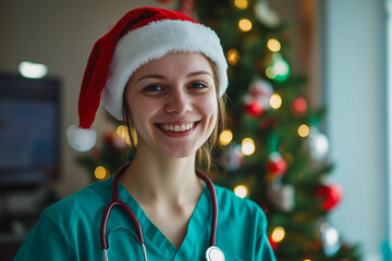 Portrait of a smiling female doctor working in a hospital decorated for christmas party