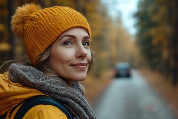 Wall Mural - Tourist enjoying the beautiful fall colors of the leaves in a peaceful forest generative AI picture