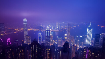 The skyline sparkles with colorful lights from towering skyscrapers beside a serene waterway at night