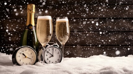 A snow-covered table showcases a champagne bottle and two glasses filled with sparkling wine, welcoming the New Year at midnight