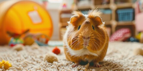 Portrait of a Guinea Pig with blurred children's playroom background, copy space, cinematic.