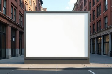 A realistic urban scene featuring a large white poster. A large poster white with nothing inside 