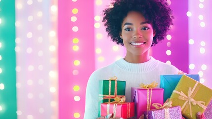 Smiling woman holding colorful presents with a vibrant pink and green holiday background.