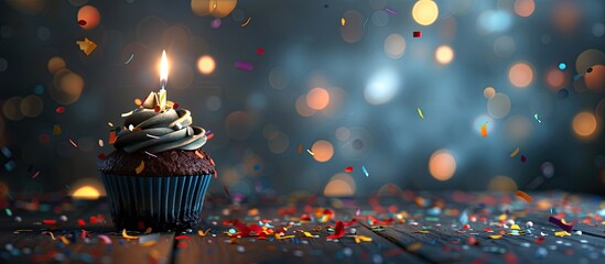 Blue background with a lit candle on a birthday cupcake surrounded by confetti ideal for a celebratory copy space image