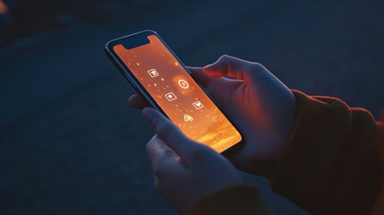 Poster - Hands holding a smartphone with social media icons floating in the evening light. Shows staying connected and updated.