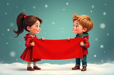 Boy and girl holding big red banner in hands, girl standing on left, boy on right, christmas background 