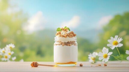 Fresh yogurt with granola and honey in a sunny setting