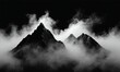© shadowart - Abstract black white rocks are shrouded in fog on black background. BW misty minimalistic concept. Creative grunge graphic mountain backdrop. Monochrome wallpaper, design, interior poster, copy space