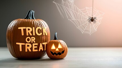 Two carved pumpkins with glowing faces sit beside a web, celebrating Halloween with the phrase 