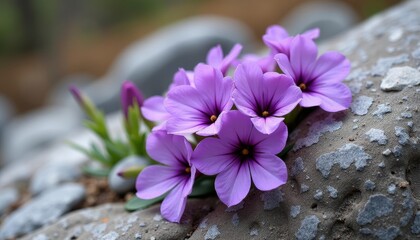 Wall Mural -  Wild beauty  A bouquet of purple flowers blooming on a rock