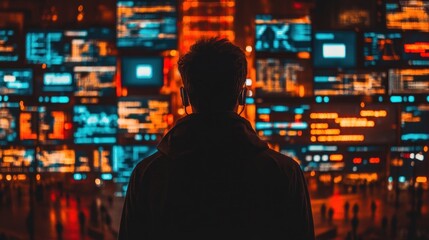 Silhouette of a Man Looking at a Wall of Screens