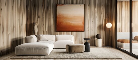 Explore the elegance of simplicity in this contemporary living room photo Serene ambiance featuring minimalistic decor and neutral colors ideal for displaying copy space image