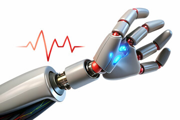 Glossy Robotic Hand Touching Digital Heartbeat Line Concept | Symbolizes Robotics Connection with Patient Health Monitoring | High-Quality Stock Photo with Copy Space for Text | Futuristic Healthcare 