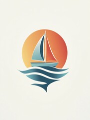 Sticker - A sailboat navigates through gentle waves, surrounded by a serene atmosphere under a vibrant orange sunset. Generative AI