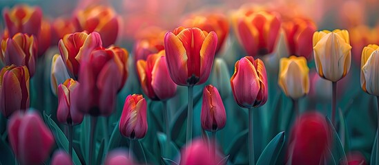 Wall Mural - Vibrant tulip flowers showcase a stunning display in the garden embodying the essence of the spring season with a captivating copy space image