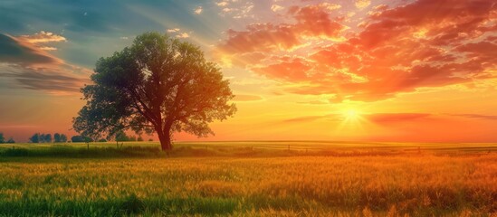 Poster - Vivid sunset showing red orange and yellow hues with sun clouds field and trees in the background creating a serene summer nature scene with the sun setting on the horizon in the middle perfect for a