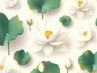 Poster - Seamless Mindfulness Lotus Tiles Pattern, Minimalist White Lotus Flowers on Light Background, Exploring Variations in Lotus Design for Mental Clarity and Peace, Janeiro Branco