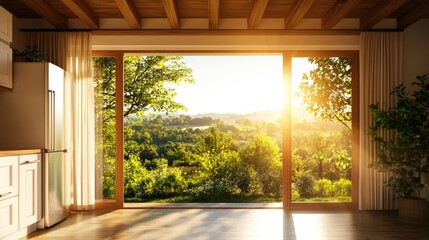 Sunlight streaming through large windows, illuminating a cozy interior with a green view.