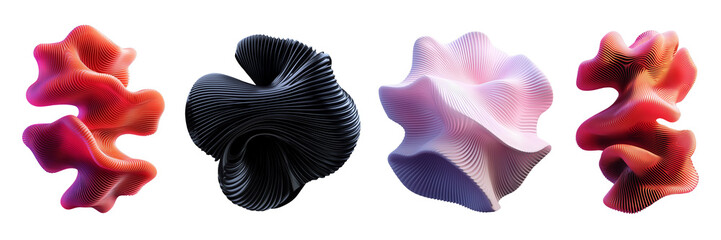 different futuristic organic ribbed 3d shapes set. distorted corrugated shapes trendy 3d elements. a