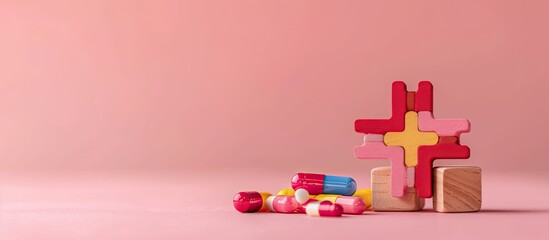 Autism Spectrum Disorder symbol displayed on wooden blocks against a lovely pink backdrop with pills conveying a concept for medicine related to Autism Spectrum Disorder accompanied by copy space ima