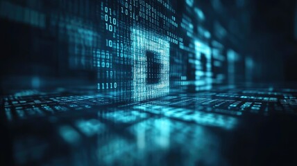 Wall Mural - digital matrix with glowing blue binary code representing data flow and information processing