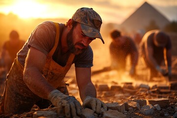 Wall Mural - Close-up shot of workers carving intricate hieroglyphs into limestone for the Great Pyramid, with dust floating in the air as the setting sun casts long shadows