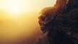 © Joyce - Rocky mountain in the shape of a human skull. Sunrise. Foggy. Fantasy theme. Halloween poster.